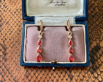 GARNET GOLD PLATED Vintage Long Earrings- Nice Luxury Design - Drop Red Stones- - Carved Gold Plated- Jewelry from France