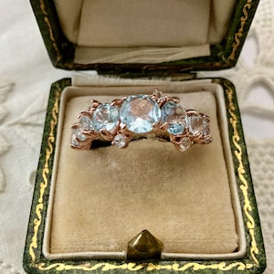 Blå AQUAMARIN ROSÉGULD / Sterling Vintage Ring - Fantastisk snidad design Vintage Juvel - Natursten - från Frankrike