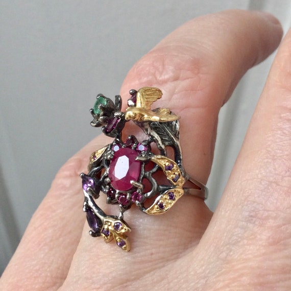 Exceptional NATURAL EMERALD RUBY Sterling Vermeil… - image 1