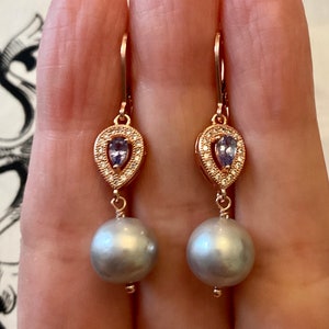 SPLENDID TANZANITE 14K Rose GOLD / Sterling Great Natural Pearl Long Vintage Earrings -Splendid Natural Rare Tanzanite - Design From