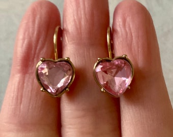 SPARKLY PINK CRYSTAL Heart Gold Plated Vintage earrings- Elegant Design Jewel - Vintage Earrings from France