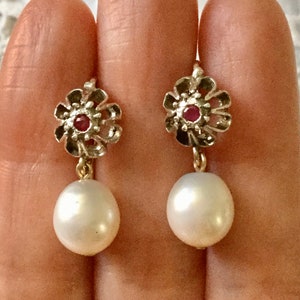 ANTIK NATURAL RUBY Huge Pearl Gold / Silver Earrings- stunning Antik Jewel- Authentique Genuine  Ruby - Nice Genuine Pearl- from France