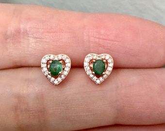 ECHTE EMERALD HART Vintage oorbellen van roségoud en verguld sterlingzilver - Franse vintage - Prachtige groene smaragd - uit Frankrijk