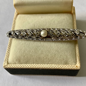 ART DECO c1930 MARCASITE Natural Pearl Silver Plated Brooch- Stunning carved Design- Security clasp- genuine Marcasite- - from France