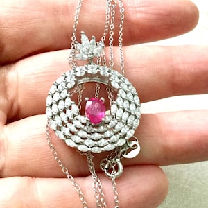 Luxe GENUINE RUBY White Topaz White Gold / Sterling Pendentif Chain Necklace- Luxury Vintage Jewel- Authentic Nice Ruby- Vintage from France