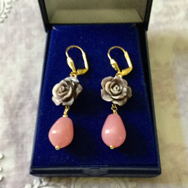 CARVED FLOWER BAKÉLITE  Briolette  Pink Quartz Vintage  Long  Earrings- Very Nice Design Jewelry - Vintage Earrings from France