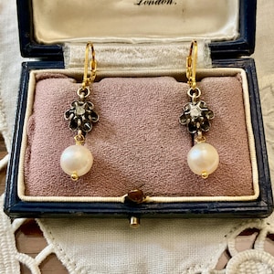 French ANTIK DIAMOND Pearl Gold/ Silver Earrings- Antik Jewel- Authentic Old Cut Diamond- Genuine Pearl- Earrings from France