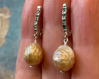 BAROKKE GOUDEN PAREL Echte Emerald Sterling Vintage Oorbellen - Luxe Originele Vintage Design Sieraden - Mooie pareloorbellen uit Frankrijk