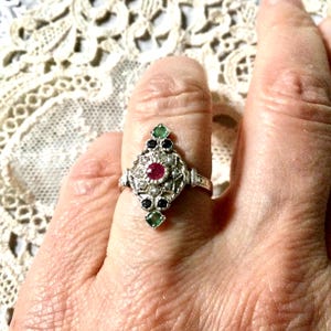VICTORIAN RUBY Sapphire Emerald Seed Pearl Sterling VINTAGE Ring- Sublime Victorian Jewel- Natural Emerald - Vintage from France