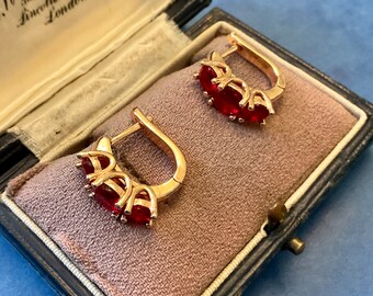 VICTORIAN RUBY ROSE Gold Plated Vintage Earrings- Sublime Jewel- Victorian Vintage Earrings from France