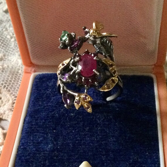 Exceptional NATURAL EMERALD RUBY Sterling Vermeil… - image 3