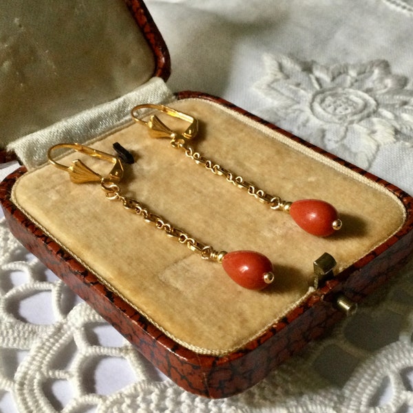CORAL CHAIN LONG Vintage Gold Plated Earrings- Original Design- Red Drop Coral- Splendid Vintage Jewel from France