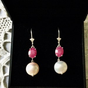 GENUINE RUBY Natural Pearl Sterling Vintage Earrings - Luxury Design Vintage - Genuine Ruby & White Pearl from France