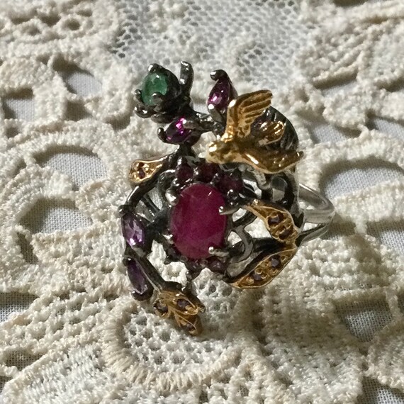 Exceptional NATURAL EMERALD RUBY Sterling Vermeil… - image 8