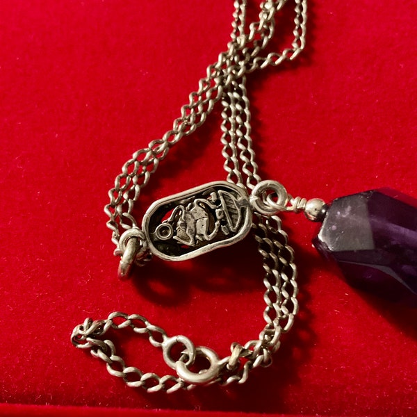 SCARAB LAPIS AMETHYST Sterling Vintage Necklace Pendant chain- Egyptian Carved Scarab- Blue Lapis- Purple Amethyst from France
