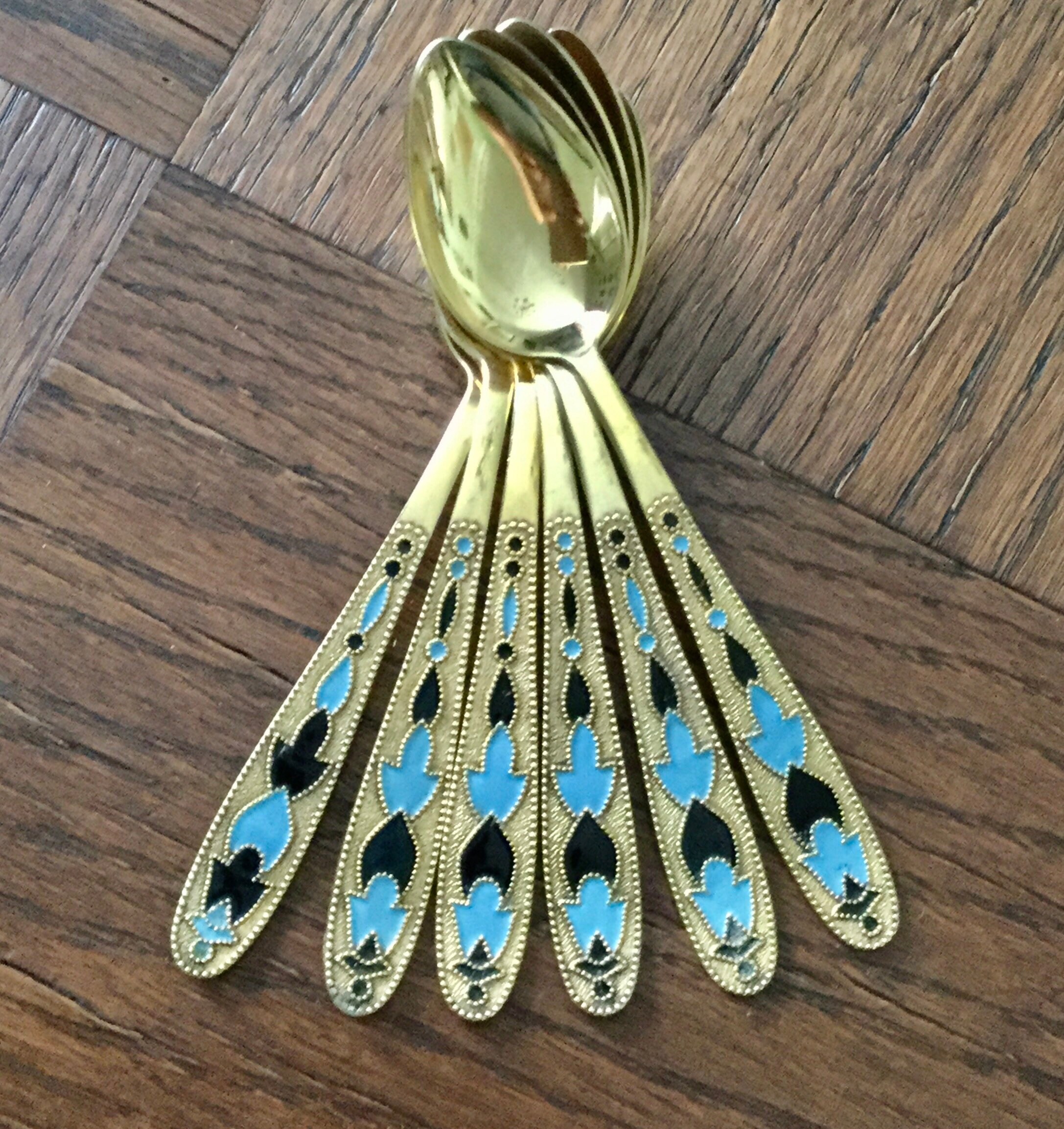Gold Sterling Enamel Vintage Set 6 Coffee Spoons - Filigree - Hallmarks 875 - Beautiful Vermeil Enam