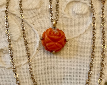 CARVED CORAL Vintage Gold Plated Pendant Necklace- Signed KREMENTZ Design- Genuine Coral - Design Jewel from France