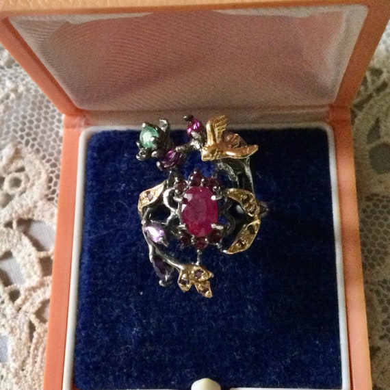 Exceptional NATURAL EMERALD RUBY Sterling Vermeil… - image 5