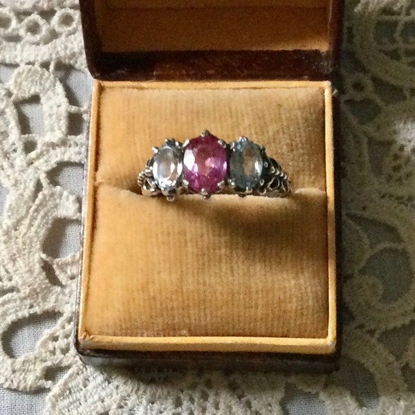VICTORIAN TRILOGY Ruby  AQUAMARINE Vintage Sterling Ring- Natural Stone- Stunning Carved Design Vintage Jewel from France