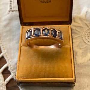 Genuine SAPPHIRE 14K ROSE GOLD / Sterling Vintage Ring- Five Stones Ring- Natural Authentic Blue Sapphire - Luxury Design from France