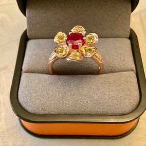 Genuine RUBY PÉRIDOT Rose Gold / Sterling Vintage Ring- Flower Design Ring- Genuine Natural Stone-Very Niceri g from France