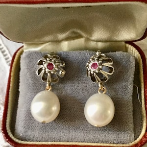 ANTIK NATURAL RUBY Huge Pearl Gold / Silver Earrings- stunning Antik Jewel- Authentique Genuine Ruby - Nice Genuine Pearl- from France