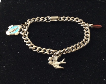 Pulseira vintage Art Nouveau com pingentes, c. 1900 - Linda, banhada a prata - Design vintage encantador - Esmalte - Pássaro - Joia vintage da França