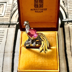 ÄKTA RUBY SAFIR Sterling Unik Påfågeldesign Vintage Ring - Guld - Fantastiska Smycken - Original Ring från Frankrike