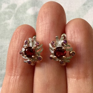 GARNET AMETHYST GOLD & Sterling Vintage Earrings- Unique Design Jewelry- natural Stones- Very Nice Vintage earrings- Hallmarks- from France
