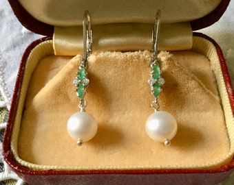 EMERALD PEARL Sterling Vintage Earrings- Long Design- Genuine Colombian Emerald- White Topaz- Beautiful Vintage Jewel from France