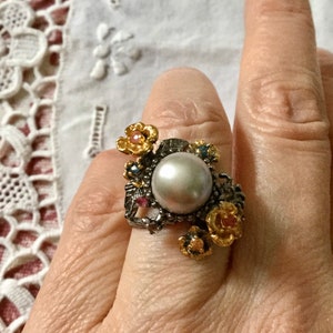 GENUINE PEARL RUBY Sapphire Stunning Sterling Vintage Ring-  Luxury  design- Natural Gray Pearl - Original Vintage Design- from  France