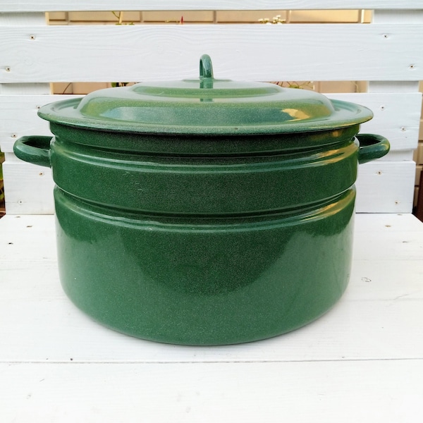 vintage soviétique 1960s vert Énorme / Géant / Grand pot en émail / casserole avec couvercle 20 litres