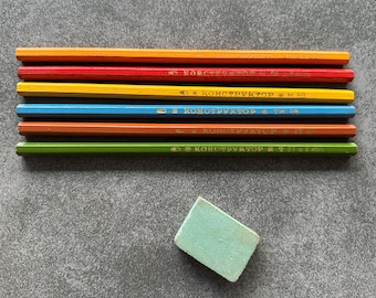 Vintage USSR Colored Pencils Set KONSTRUKTOR 1980s Soviet School Pencils + Eraser
