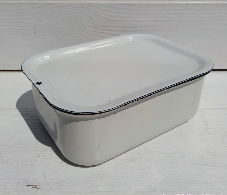 Vintage white enamel storage container with a lid Soviet Etsy