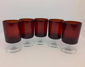 Ruby Red Glasses, SET of 5 Red Glass, Cavalier Verrerie D'Arques France, Vintage Red Goblets, Vintage Barware, Made in France