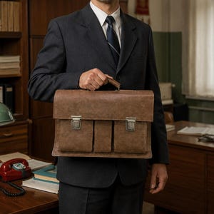 May include: A brown leather briefcase with a rectangular shape, featuring two front pockets and two silver-toned metal flip-lock closures. The briefcase has a top handle and a structured design, held in front of a dark charcoal suit with a white shirt.