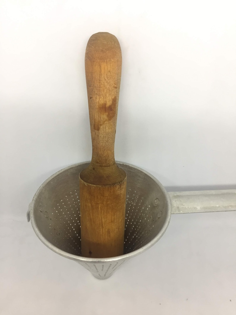 Metal Strainer Farm House Rustic Kitchen Decor Vintage Cone Shape Fruit Strainer /& Wooden Tool Sieve Colander USSR Aluminum Funnel
