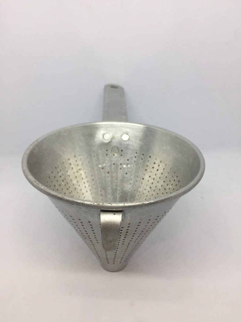 Metal Strainer Farm House Rustic Kitchen Decor Vintage Cone Shape Fruit Strainer /& Wooden Tool Sieve Colander USSR Aluminum Funnel