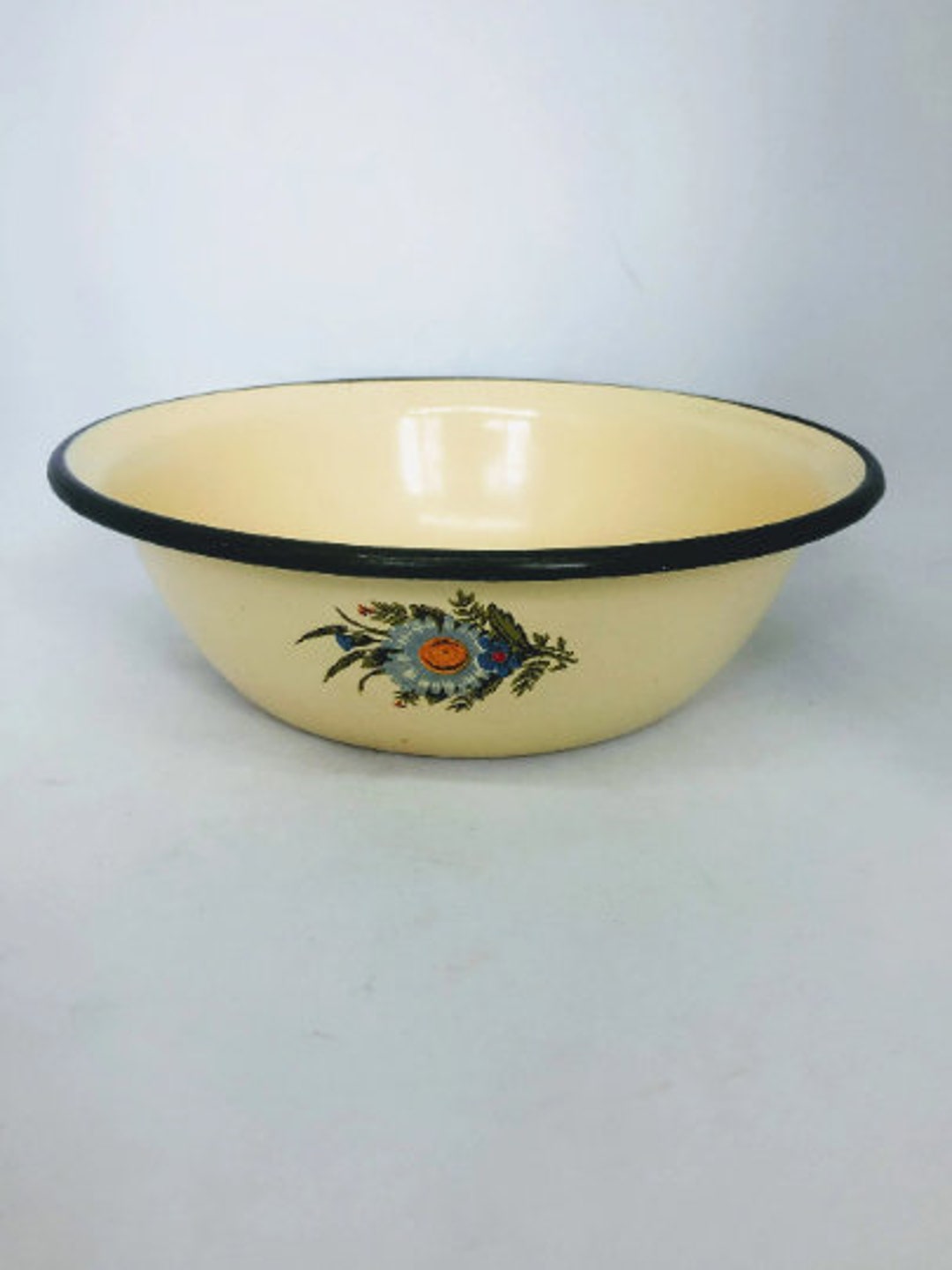 Enameled Metal Bowl Yellow Enamelware Old Enamel Dish Soviet USSR Flower Print Garden Farm