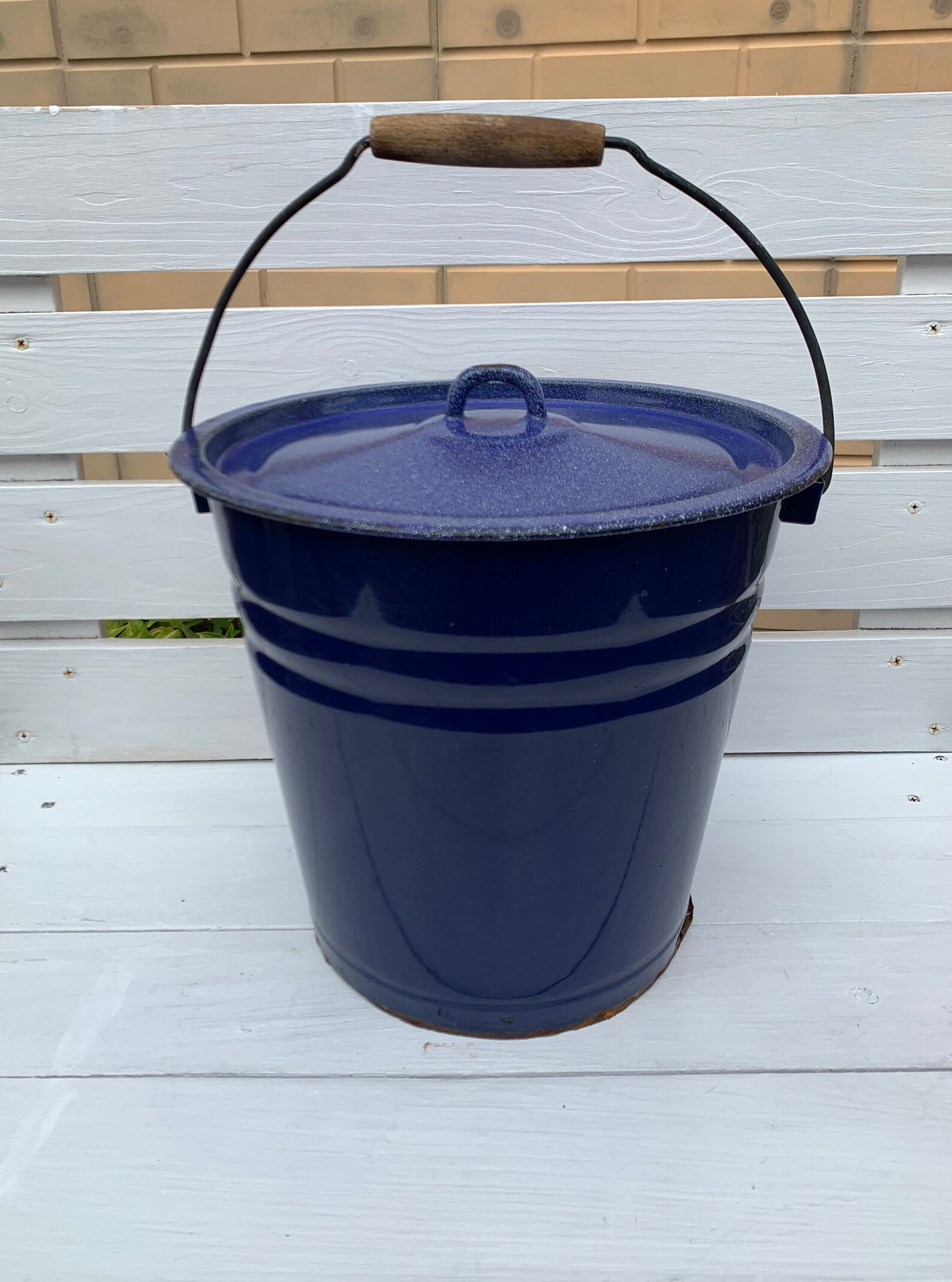 Antique Blue Enamel Bucket With Blue Lid Old Kitchen Bucket Etsy Australia