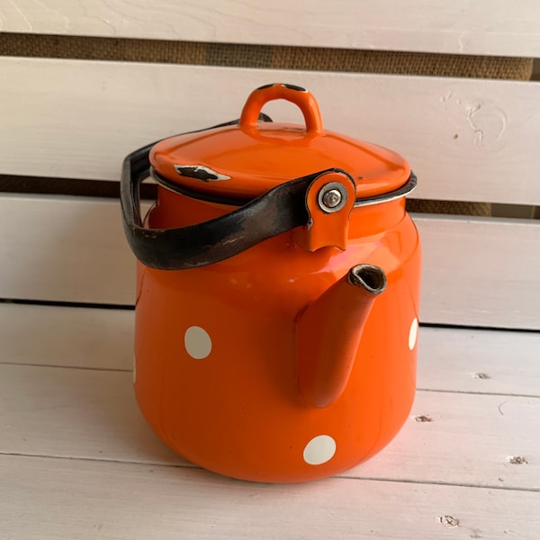 3L Soviet polka dot kettle, Enamel kettle. Vintage kettle, polka dot pattern. USSR 80's, polka dot teapot, farmhouse kettle, rustic teapot