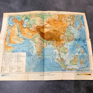 Vintage 1950s Political & Physical Map of Asia - USSR Publication - 29x36 cm