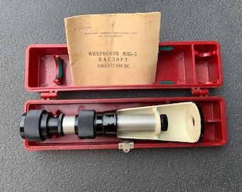 Microscopio MPB-3 vintage, fabricado en 1992, con estuche y manual.