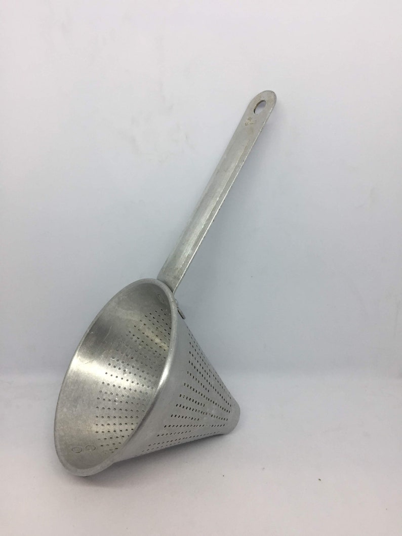 Metal Strainer Farm House Rustic Kitchen Decor Vintage Cone Shape Fruit Strainer /& Wooden Tool Sieve Colander USSR Aluminum Funnel
