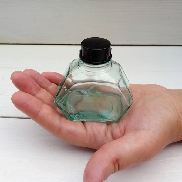 Antique Glass Jar Ink Bottle Lidded Bank Old Soviet Spice Jar Aqua Green Blue Glass Jar Russian Ink Bottle