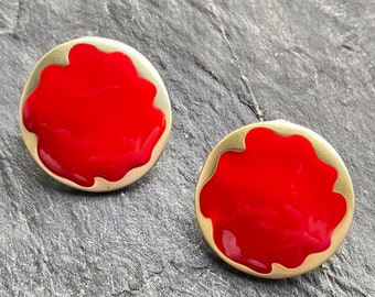 Red enamel and gold metal vintage earrings for pierced ears