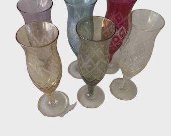 Set of six cut glass vintage Victorian mixed coloured champagne flute glasses