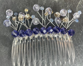 Hand made wedding clear hair comb set with pale blue, light purple and purple round glass faceted beads clear rhinestones