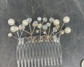 Hand made wedding hair comb set with clear round glass faceted beads, white fake pearls and clear crystals