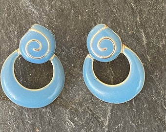 Blue coloured enamel set into gold metal vintage earrings for pierced earrings